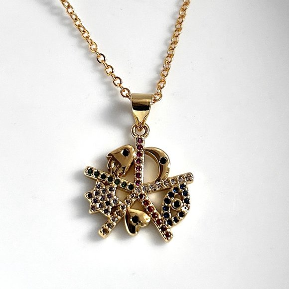 Gold Plated Cubic Zirconia Evil Eye Hamsa Hand Heart Star Moon Lucky Necklace - Picture 1 of 4